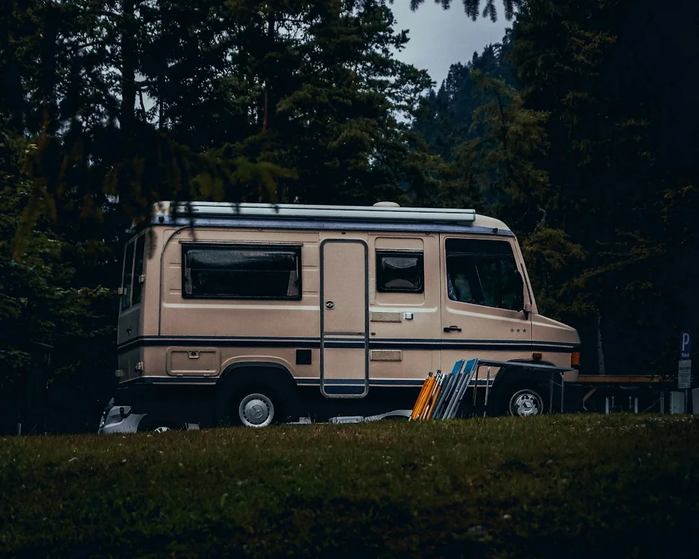 Camper van parked beside a tree-lined meadow